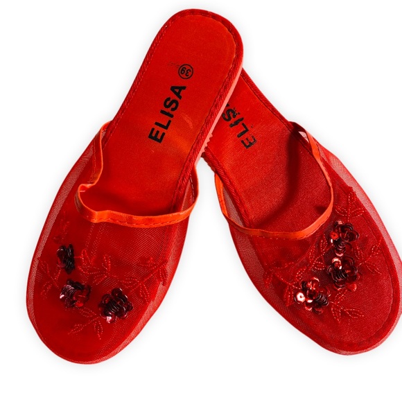 Vintage Sequin Mesh Slides Chinese Beaded Slippers with Floral Embellishments - Picture 4 of 7